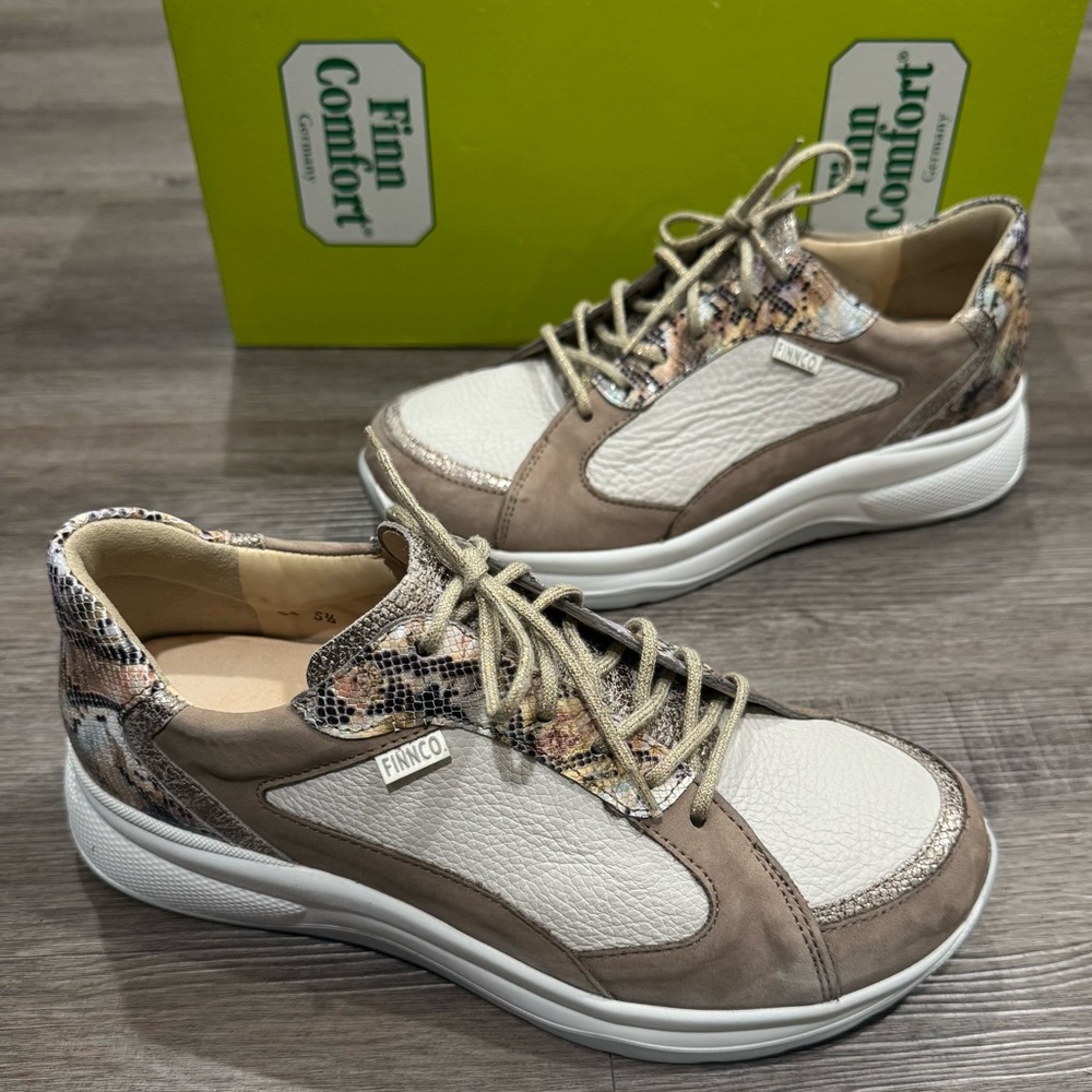 Finn Comfort Piccadilly Nubuck Leather Jungle Beige Multi Lace Comfort Sneakers